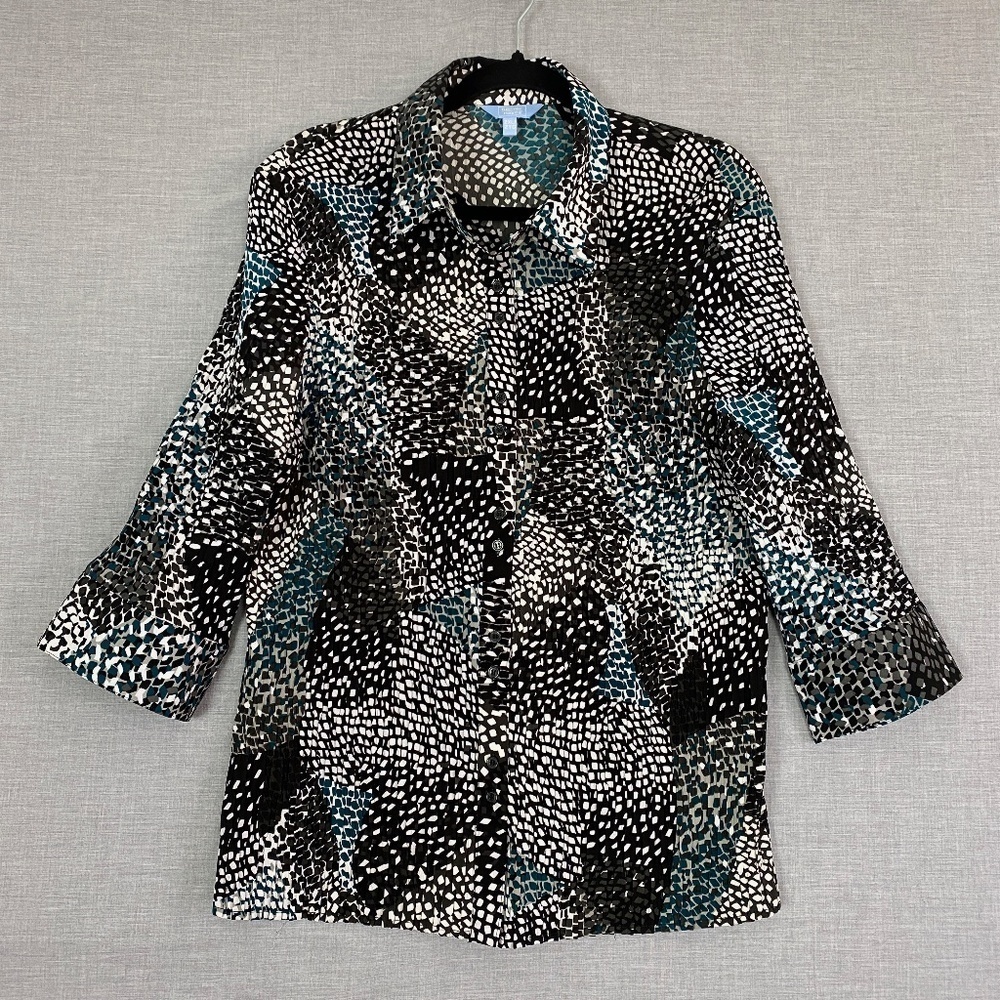 Denver Hayes Top Womens 2X Green Black Button Up Top 3/4 Sleeve Pleated Stretchy